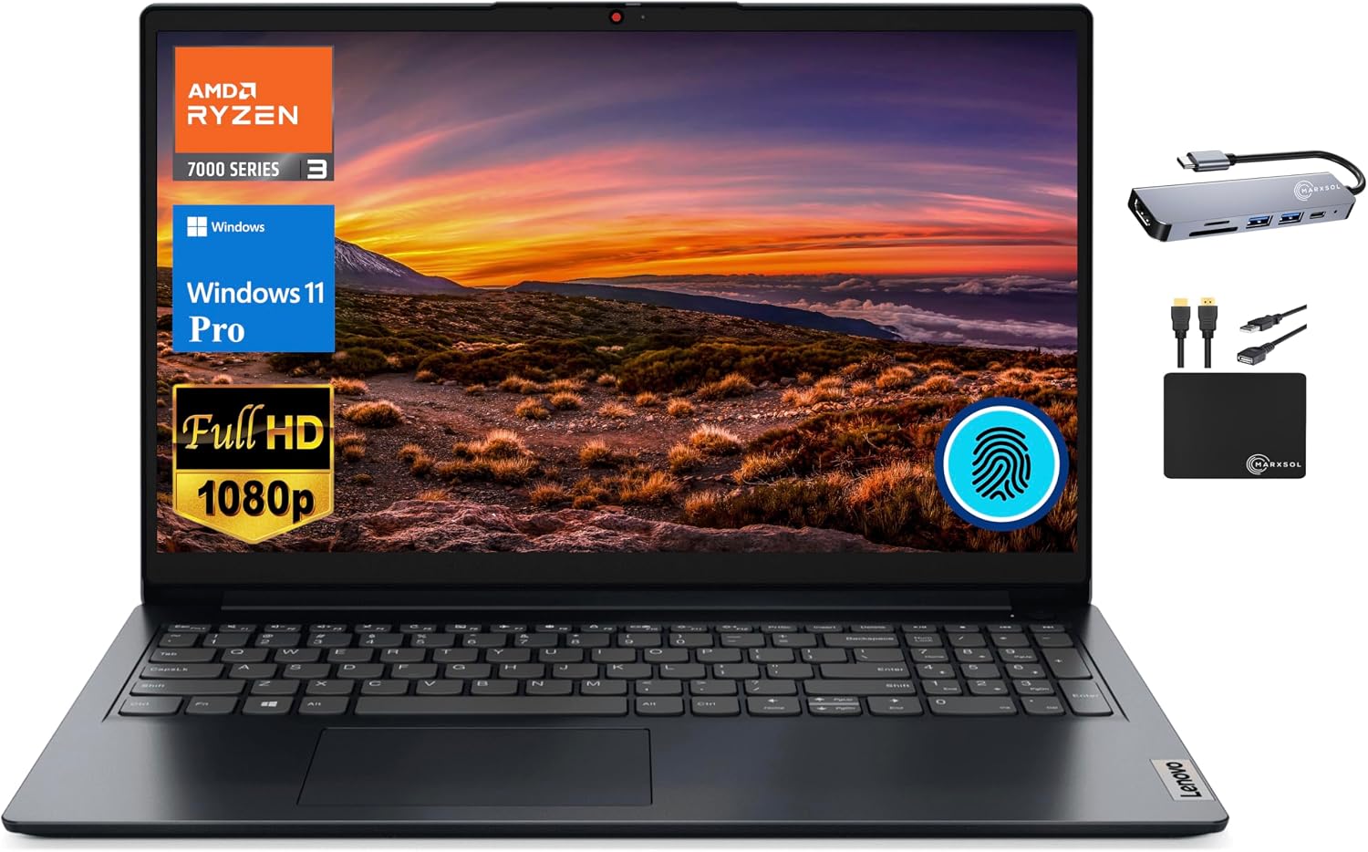 Lenovo IdeaPad Business Laptop 2024, 15.6' FHD Display, Quad-Core AMD Ryzen 3 7320U (Beat i5-1035G7), 8GB DDR5 RAM, 512GB PCIe SSD, Radeon Graphics, Fingerprint, Wi-Fi 6, Win 11 Pro +MarxsolAccessory