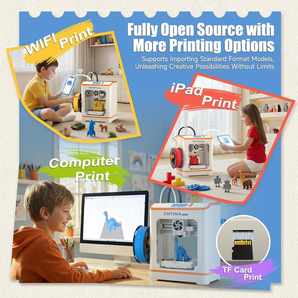 Entina Tina2C Mini 3D Printer for Kids & Beginners, Fully Assembled, Auto Leveling, Easy Setup, WiFi & APP Control, 1500+ Model Library, 20+ Create DIY Module, Includes 4 Color PLA for Home & School