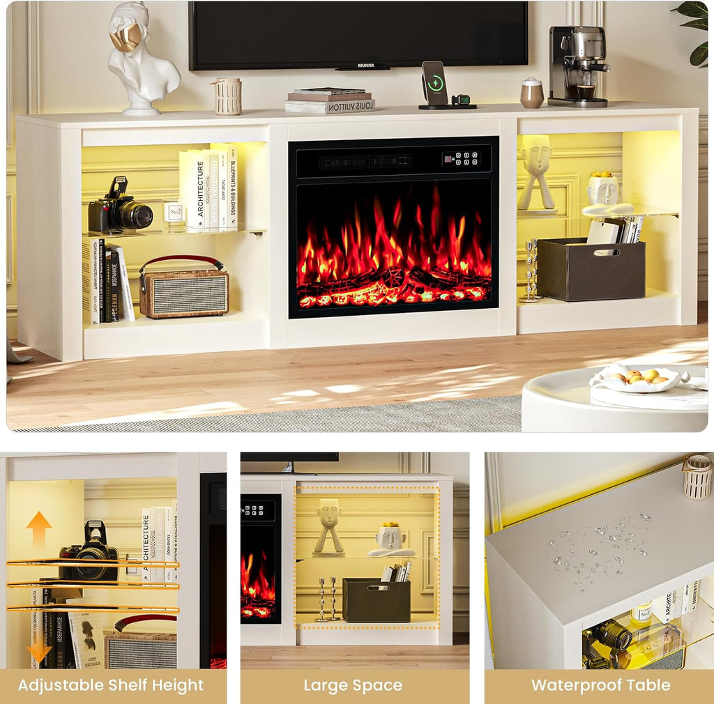 EAG 70 Inche Fireplace TV Stand for TVs up to 80 Inches with 23' Electric Fireplace, Modern Entertainment Center with Glass Shelves, LED Lights, Media TV Console for Living Room, White