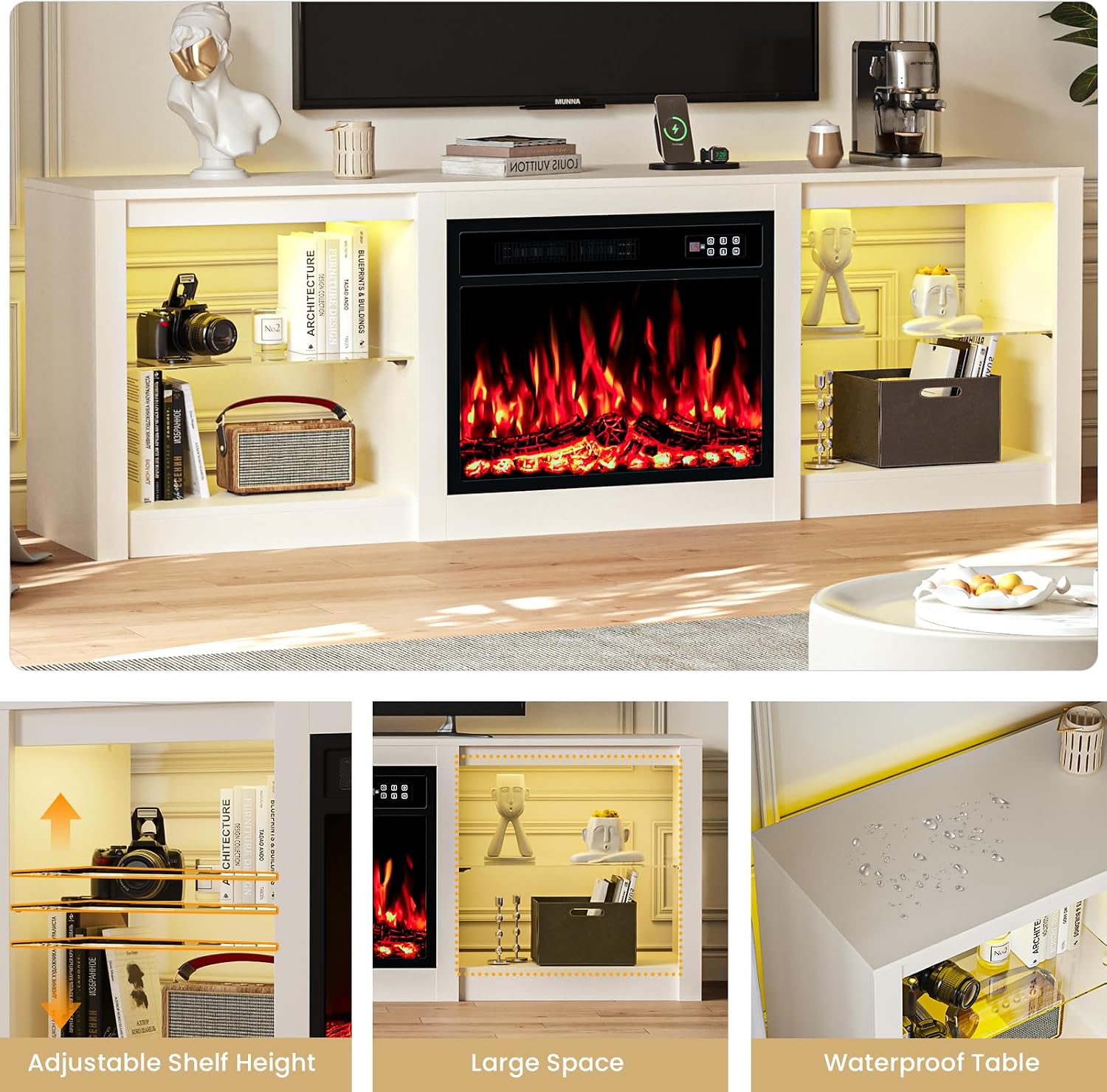 EAG 70 Inche Fireplace TV Stand for TVs up to 80 Inches with 23' Electric Fireplace, Modern Entertainment Center with Glass Shelves, LED Lights, Media TV Console for Living Room, White