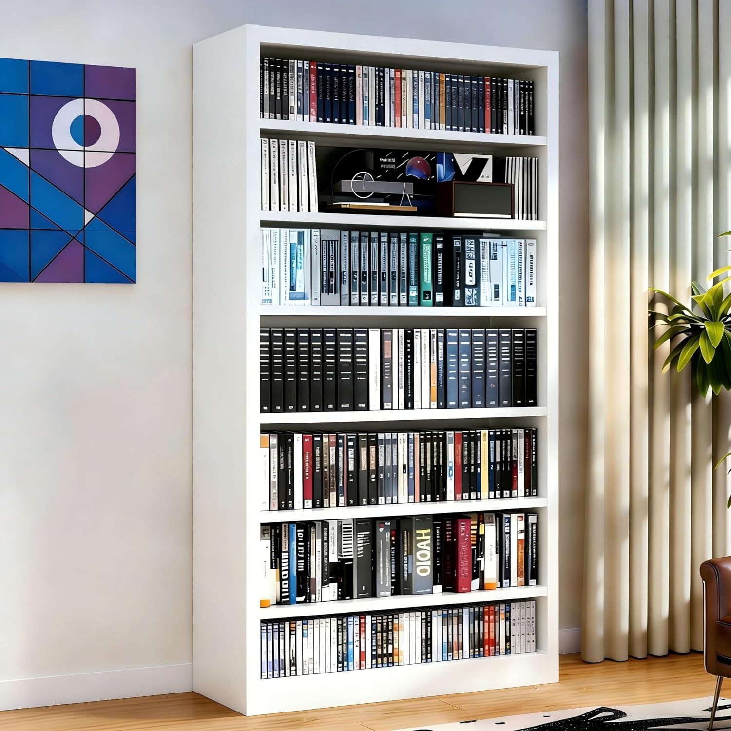 55' Media Storage Cabinet, Metal CD Storage Rack with 6 Adjustable Shelves, 7-Tier Large Stereo Cabinet for Living Room, Home Entertainment (White)