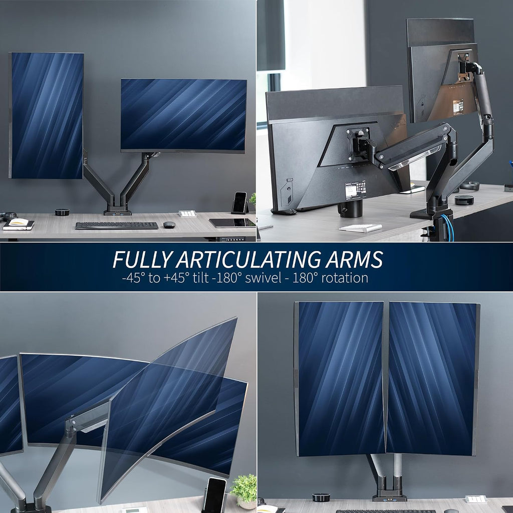 VIVO Premium Aluminum Heavy Duty Arms, Fits 2 Ultrawide Monitors up to 38 inches, Widescreen Dual Monitor Desk Mount with Instant Pneumatic Spring Height Adjustment VESA Stand, USB 3.0, STAND-V102G2U