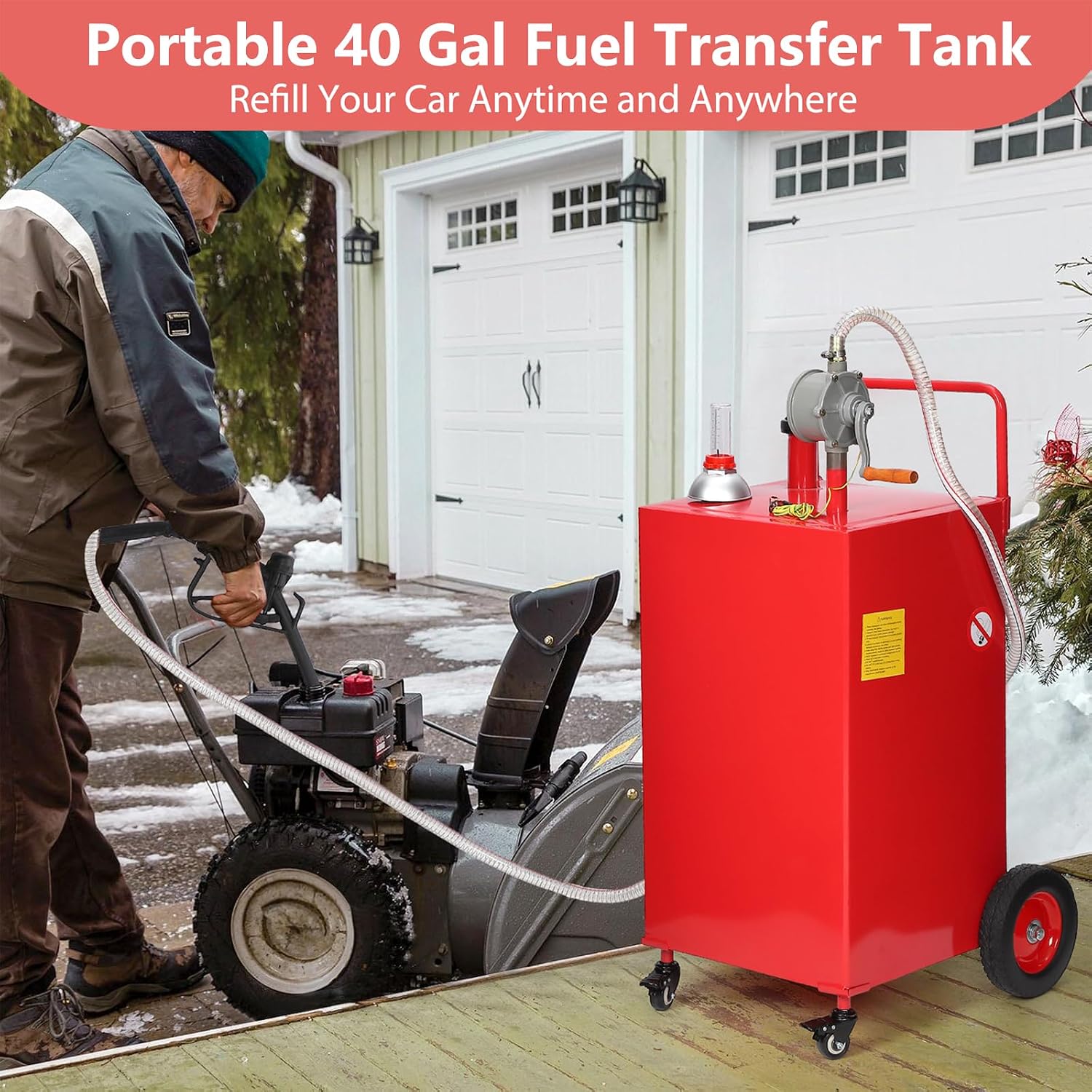Garvee 40 gal Fuel Caddy with Manual Pump – Heavy Duty Gasoline & Diesel Transfer Tank On 4 Wheels, Spill-Proof Portable Fuel Container for Boat, Truck, Lawn Mower, ATV, Garage & Farm – Red