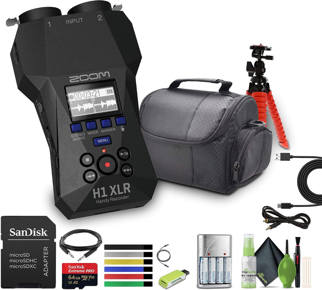 Zoom H1 XLR Portable Audio Recorder for Video Bundle with Memory Card microSDXC Extreme Pro 64GB + Balanced Interconnect, 1/4 inch TRS to Same + 10ft USB Type A to USB Type C Cable - Black + More