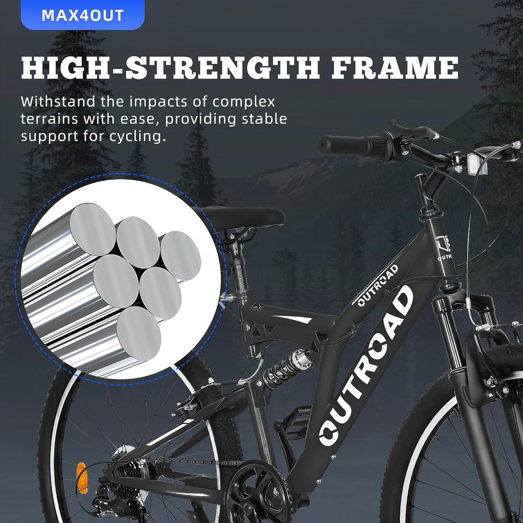 Max4out 26 inch Mountain Bike Dual Full Suspension, Outdoor Hybrid Bikes,7-Speed/High-Carbon Steel, for Men Women Adult, MTB Bicycle with Suspension Fork,Sleek Colors