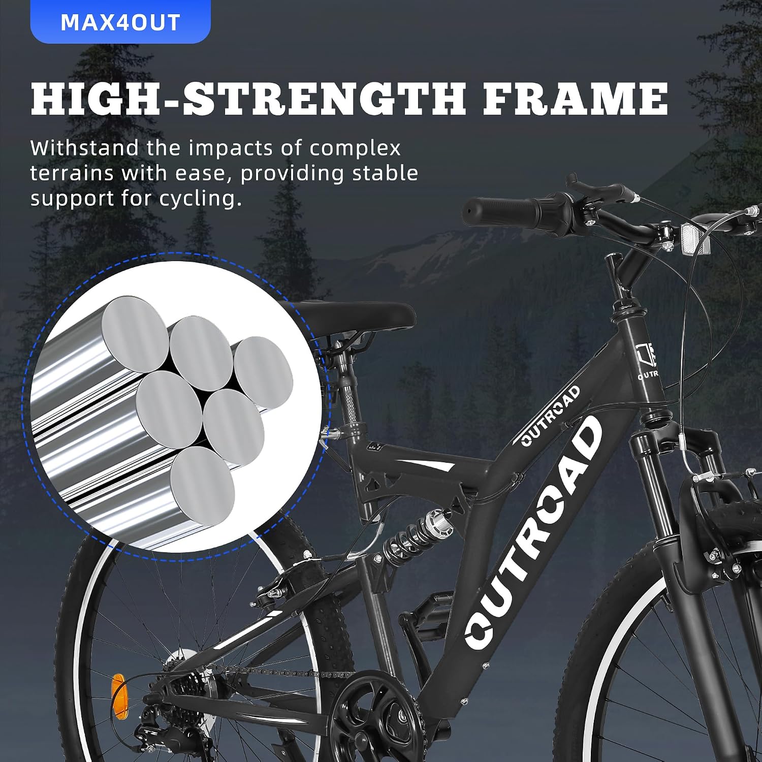 Max4out 26 inch Mountain Bike Dual Full Suspension, Outdoor Hybrid Bikes,7-Speed/High-Carbon Steel, for Men Women Adult, MTB Bicycle with Suspension Fork,Sleek Colors