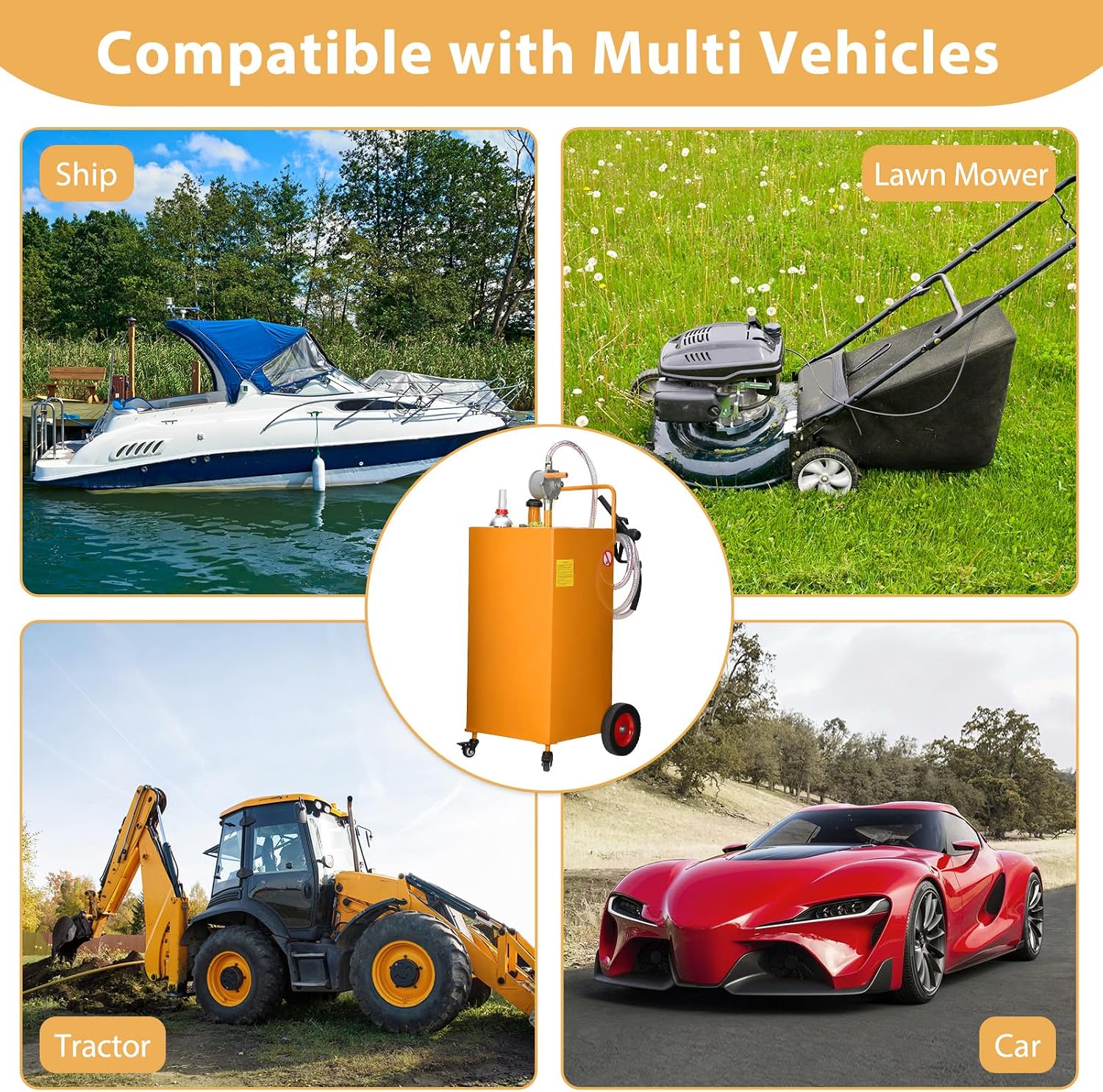 Garvee 50 gal Fuel Caddy with Manual Pump – Heavy Duty Gasoline & Diesel Transfer Tank On 4 Wheels, Spill-Proof Portable Fuel Container for Boat, Truck, Lawn Mower, ATV, Garage & Farm – Orange