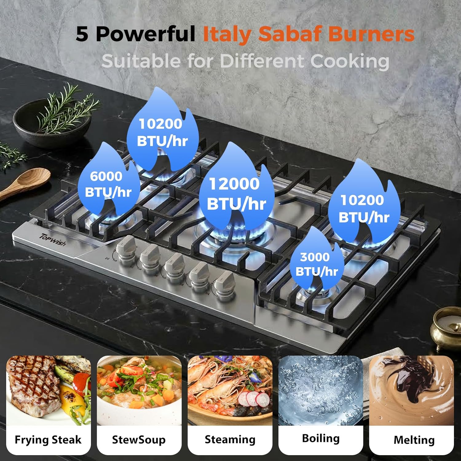 30 Inch Gas Cooktop, TOPWISH Gas Stove Top with 5 High Efficiency SABAF Burners, 41400 BTU, NG/LPG Convertible 304 Stainless Steel Built-in Propane Stovetop with Thermocouple Protection, 120V AC