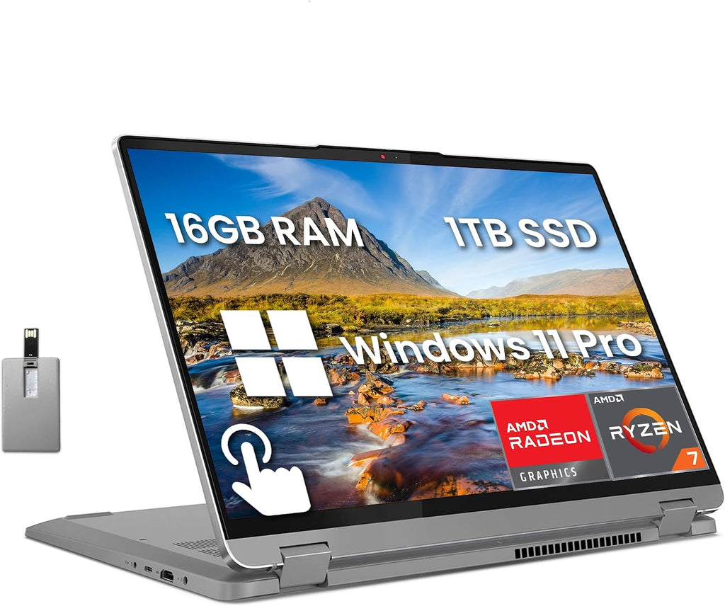 Lenovo IdeaPad Flex 5 2-in-1 Laptop, 16' WUXGA Touchscreen, AMD Ryzen 7 7730U, 16GB RAM, 1TB SSD, AMD Radeon Graphics, Fingerprint Reader, Wi-Fi 6, Win 11 Pro, Grey, 128GB Hotface USB Card