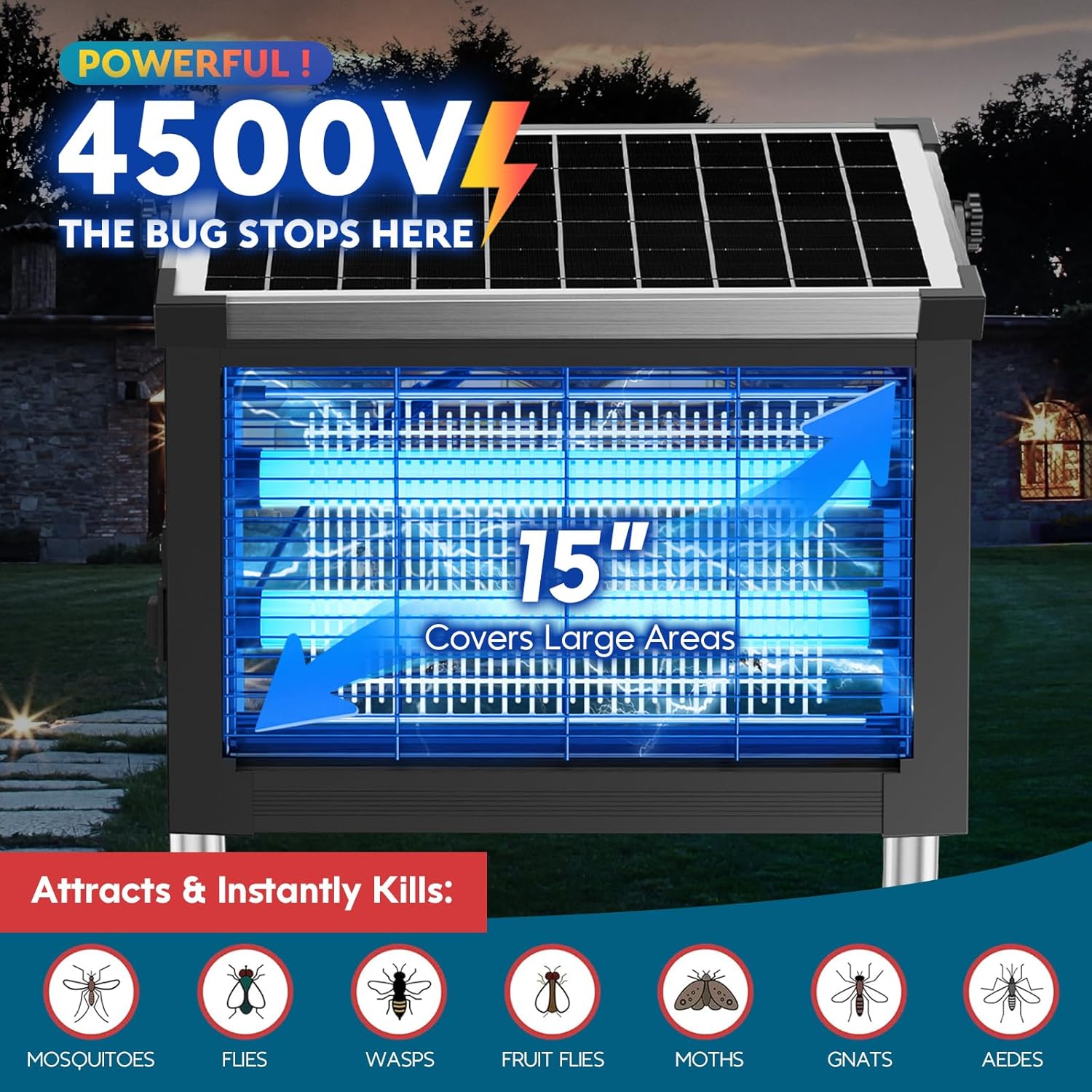 PhatroyYee Solar Bug Zapper Outdoor Indoor, 4000mAh Rechargeable Portable Fly Zapper, 4500V Electric Mosquito Killer with Panel Sensor & 10FT Extension Cord, Waterproof for Patio Camping Home Backyard