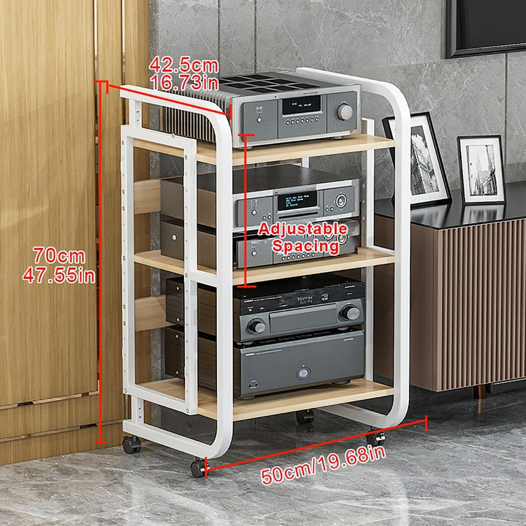 Gaming Audio Rack Stand - Corner Shelf with Storage for DVD, AV Media, & Record Player - Mobile Cart with Universal Wheels for Living Room, Gaming Room, & Music Studio (White, 50x42.5x70.1cm)