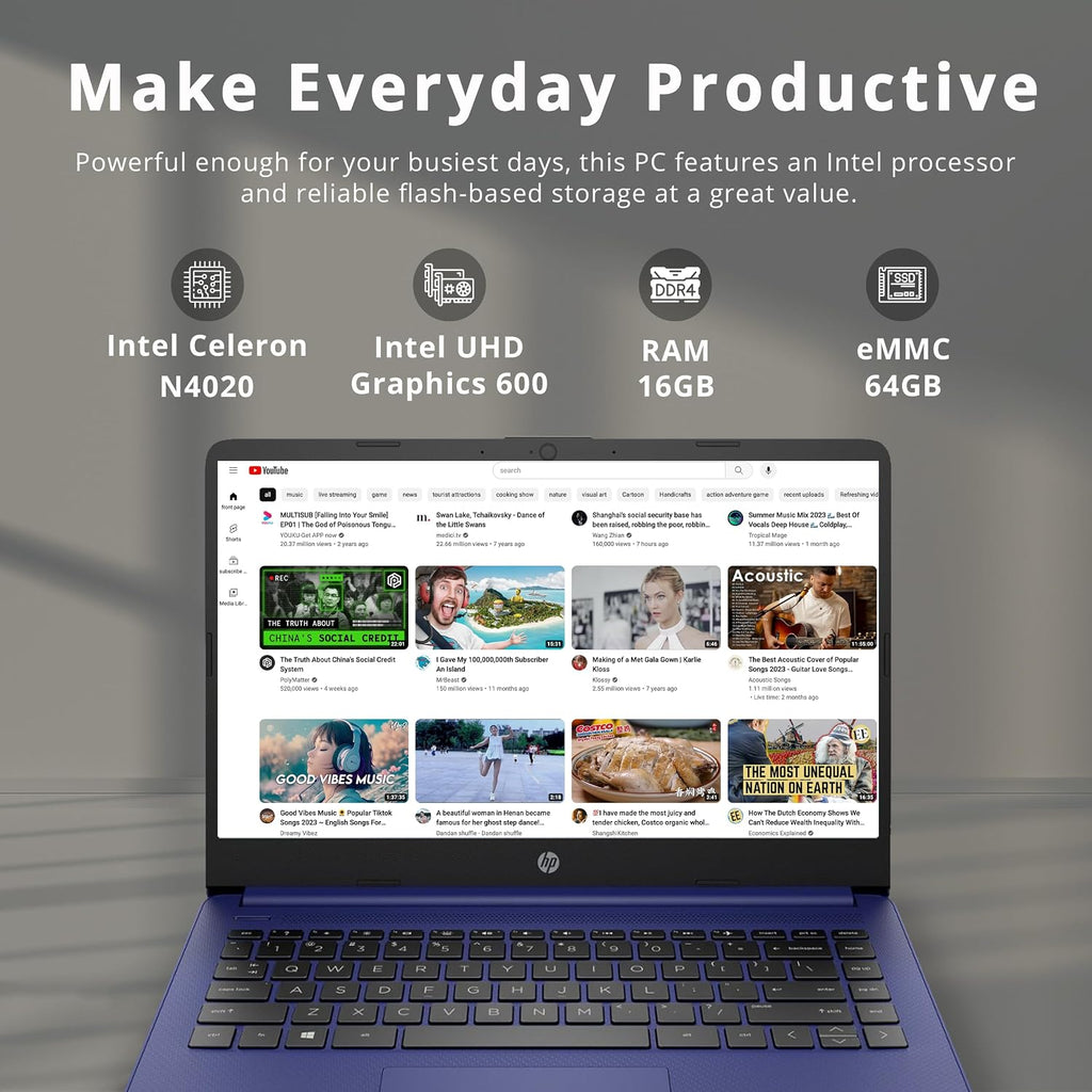 HP Stream 14' Micro-Edge HD Touchscreen Laptop, Intel Celeron N4020, 16GB RAM, 64GB eMMC, Wi-Fi 5, Bluetooth, Windows 11, Blue (Renewed)