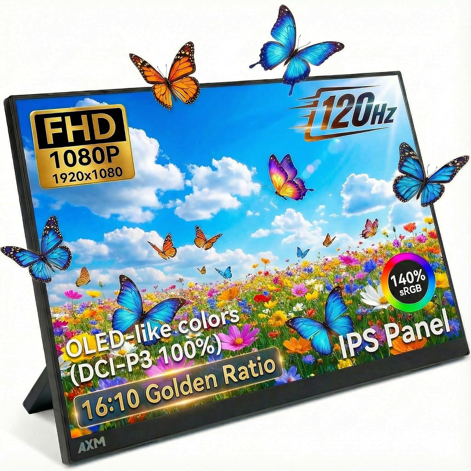 AXM 16' Portable Monitor FHD IPS 120Hz Flicker-Free 400 Nits 140% sRGB(OLED-Like Colors) USB-C HDMI 2nd Monitor for Switch (Dock-Free), Windows, MacBook, Phone, Xbox