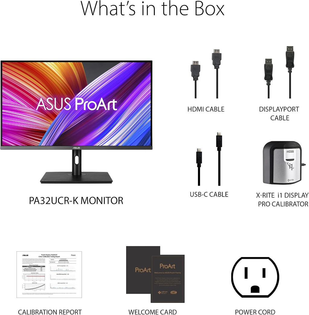 ASUS ProArt Display 32' 4K HDR Computer Monitor (PA32UCR-K) - IPS, 1000nits, ΔE < 1, 98% DCI-P3, 99.5% Adobe RGB, USB-C, HDMI, X-rite i1 Calibrator, Compatible with Laptop & Mac Monitor