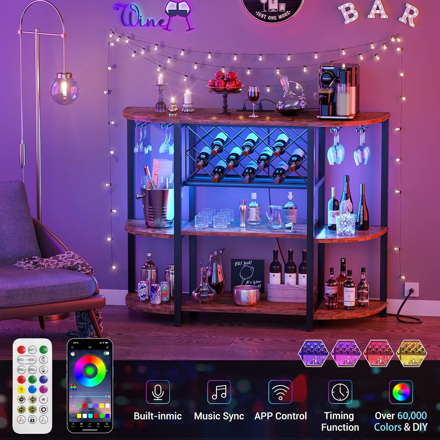 Unikito Wine Rack Table with Socket and LED Light, Floor Bar Cabinet for Liquor and Glasses, Wood Coffee Bar Table with Adjustable Wine Rack, FreeStanding Sideboard and Buffet Cabinet, Rustic