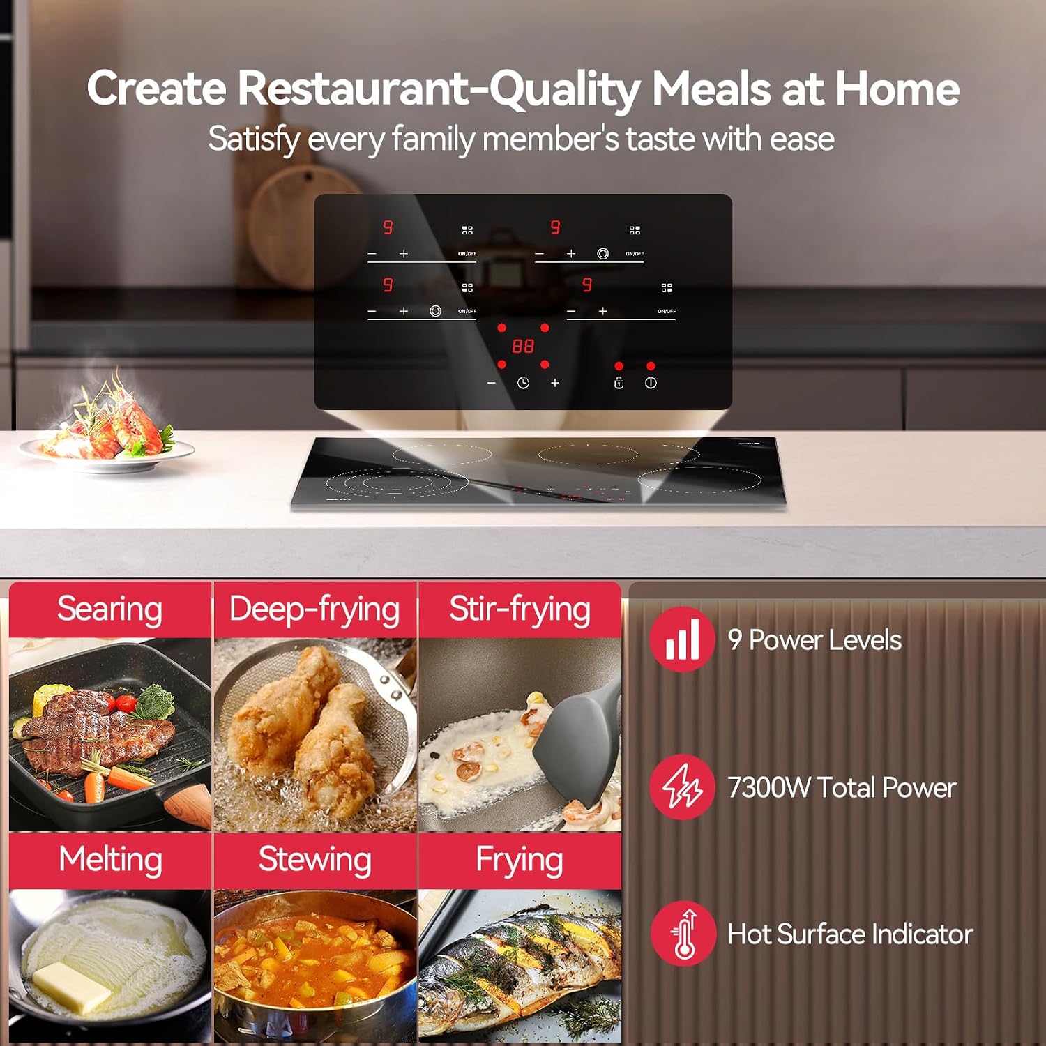 30 Inch Electric Cooktop, TECASA 7300W Radiant Electric Hob with 4 Burners, 240V Built-in Sensor Touch Control Stove Top with Child Safety Lock & Timer, 9 Heating Levels, Hard Wire (No Plug)