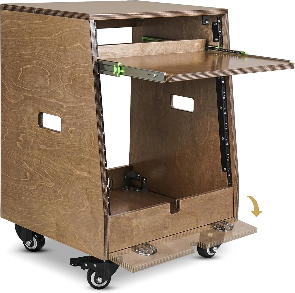 Sound Town DIY Slanted 10U Studio Rack (2U Top + 8U Lower), with 2U Bottom Storage, Slide-Out Tray, Caster, Plywood, Weathered Brown for Recording Room, Home Studio (SDRK-ST10TB)