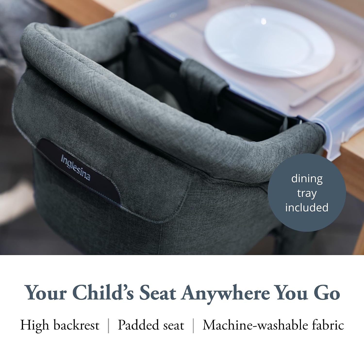 Inglesina Fast Table Chair - Charcoal Gray Melange + Fast Dining Tray - Portable Baby High Chair - for Babies & Toddlers up to 37 lbs - Fits Tables 0.8'' to 3.5'' Thick - Compact - Travel Bag Included