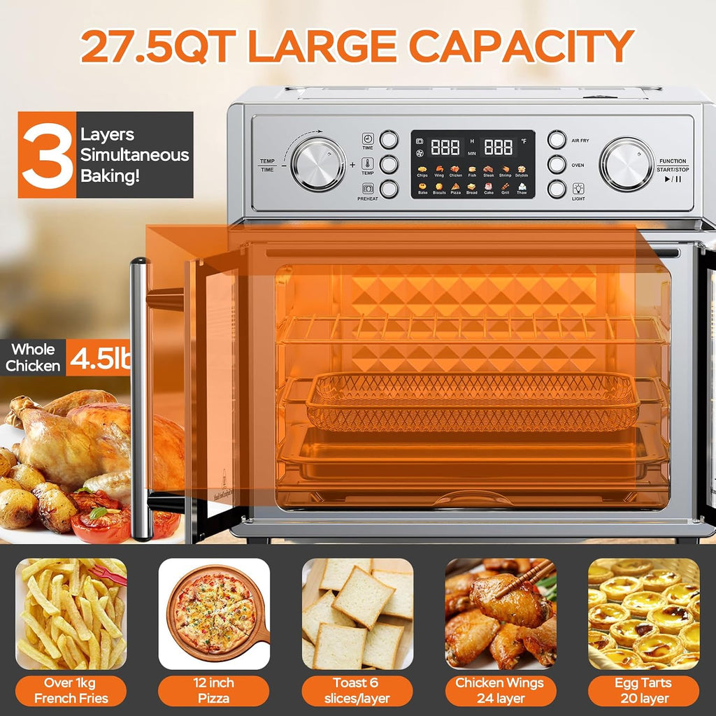 Plum chef 27.5QT French Door Air Fryer Toaster Oven Combo, Countertop Oven with 14 Presets & Digital Control, Extra Large Toaster Oven for Baking, Roasting, Accessories Includes,Stainless Steel