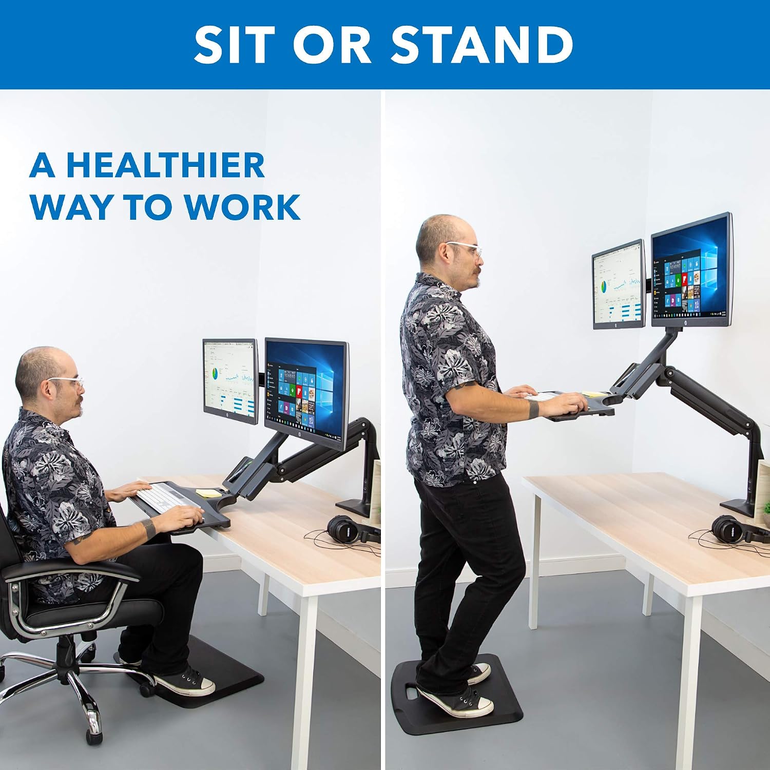 Mount-It! Dual Monitor Arm Desk Mount Sit-Stand Workstation with 2 USB 3.0 Ports, Height Adjustable 23.1–42.9', Fits Two 17–27' Screens, 13.2 lbs Each, VESA 75x75 100x100, Clamp or Grommet