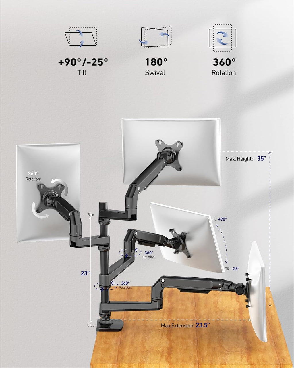 Ergounion Quad Monitor Mount, Holds Screens up to 40 Inches and 25 lbs, Fully Adjustable 4 Monitor Stand with C-Clamp and Grommet Base, Aluminum, Black