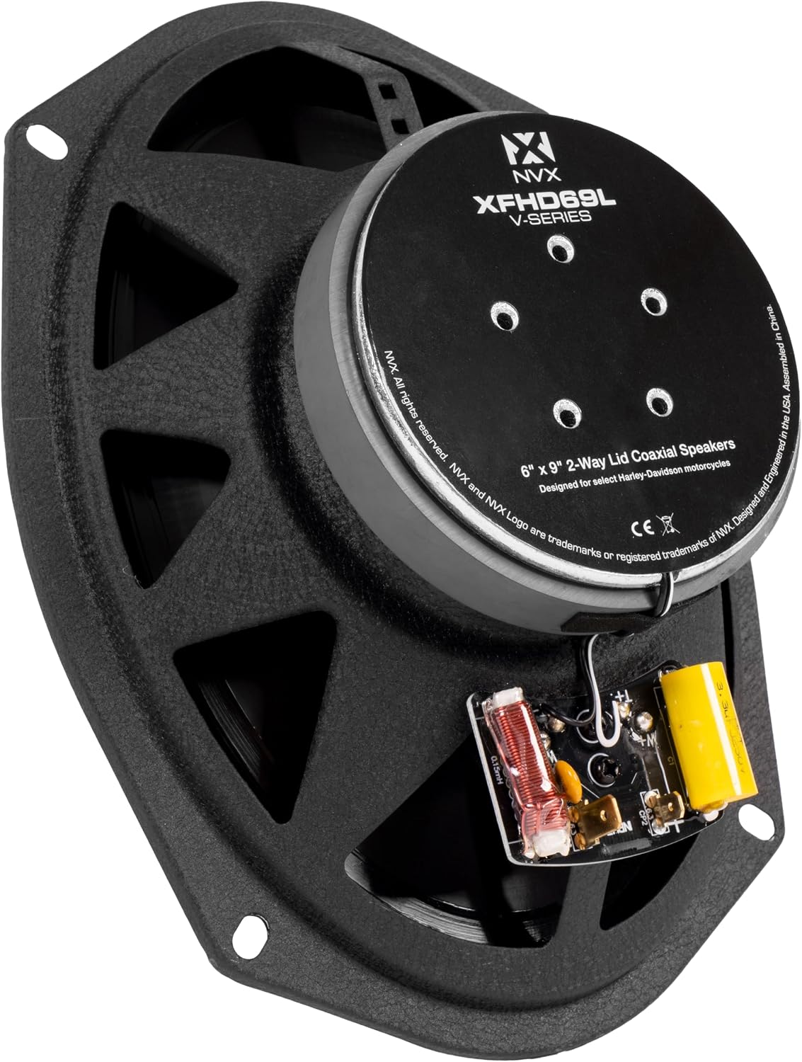 NVX® XFHD69L Premium 6x9' Motorcycle Speakers, 800W Peak (400W RMS), 2-Ohm Aftermarket Saddlebag Lid Coaxials with 1' Titanium Tweeters, Waterproof, for Harley-Davidson 1998 up (Pair)