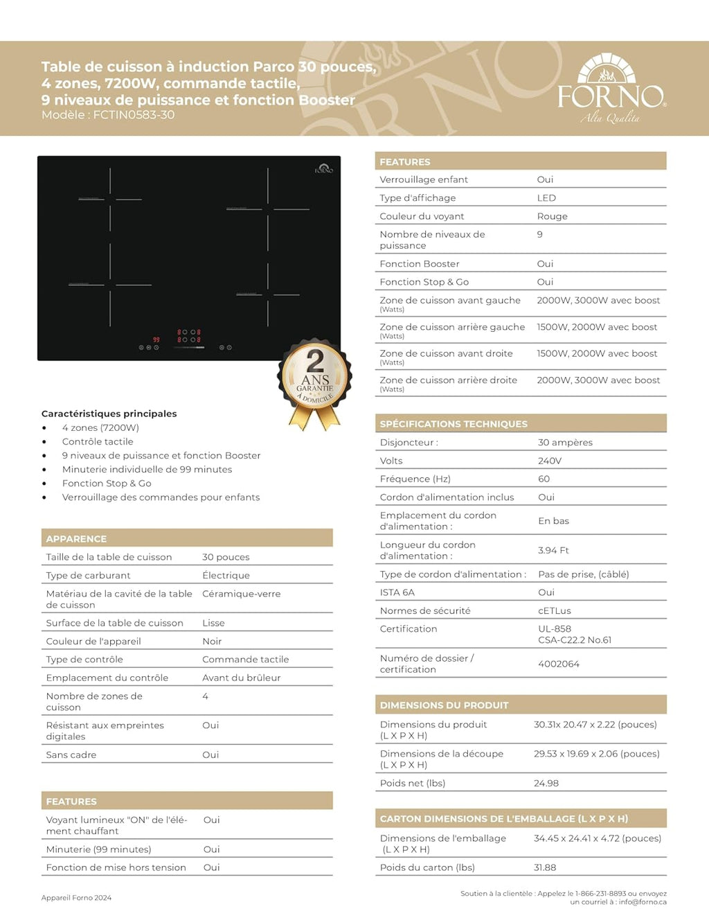 FORNO Parco 30-Inch Induction Cooktop, 4 Zones, 7200W, Touch Control, 9 Power Levels & Booster Function