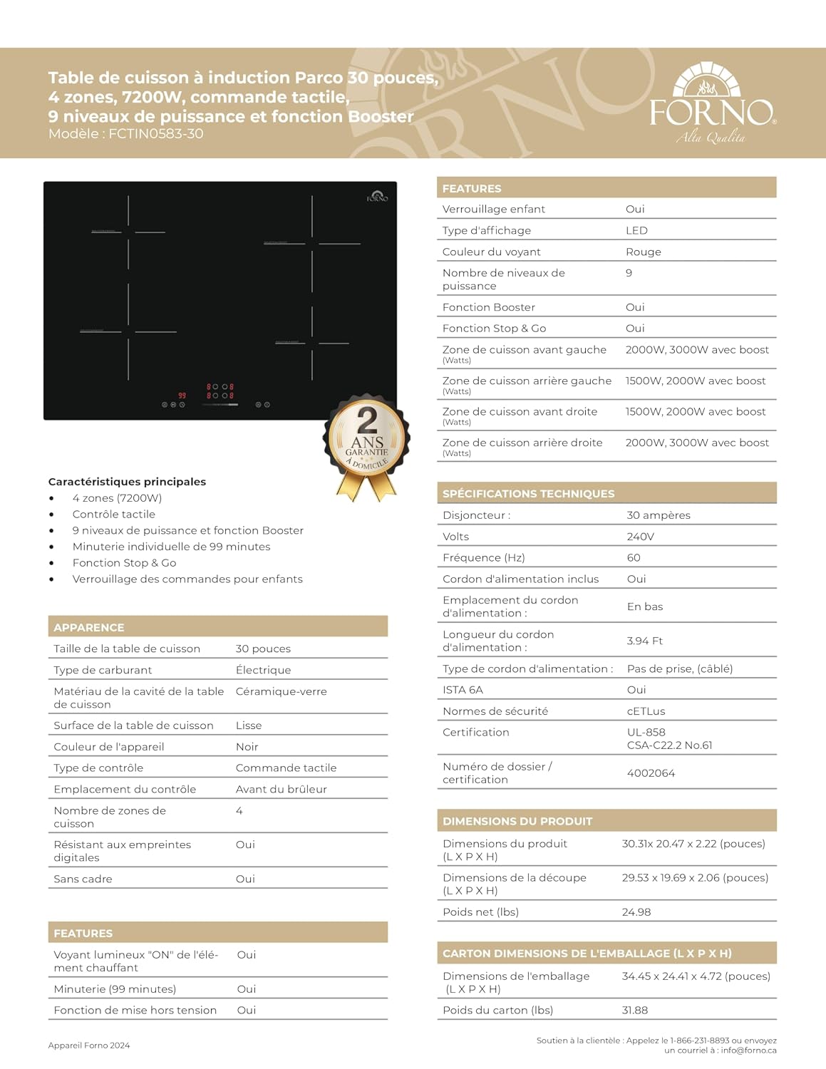 FORNO Parco 30-Inch Induction Cooktop, 4 Zones, 7200W, Touch Control, 9 Power Levels & Booster Function