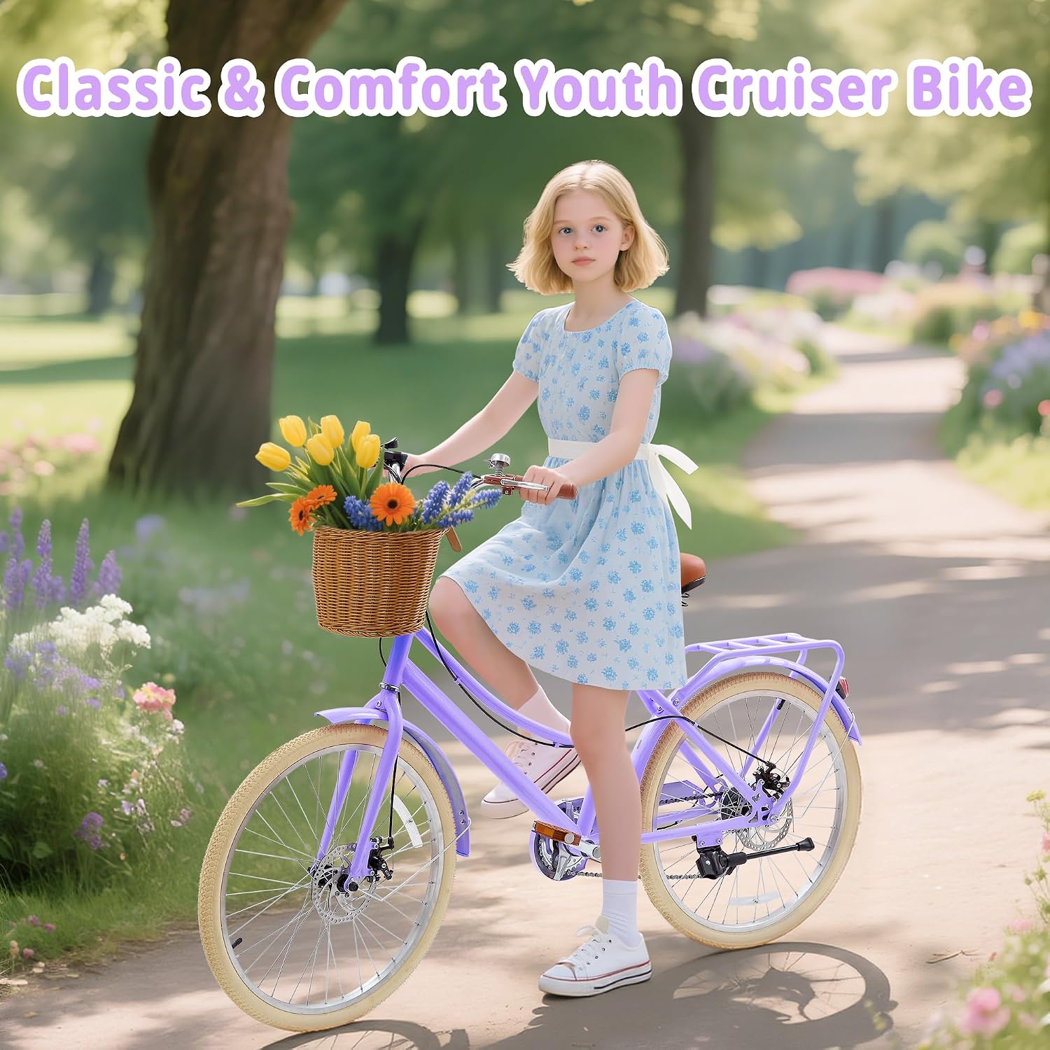 DEYGIA Kids Bike, Retro Cruiser Bike for Girls, 20 24 Inch 7-Speed Kids Bicycles for Ages 6-14 Girls Youth with Rattan Basket, Dual-Disc Brake Carbon Steel Frame Lightweight Bicycle, Multiple Colors