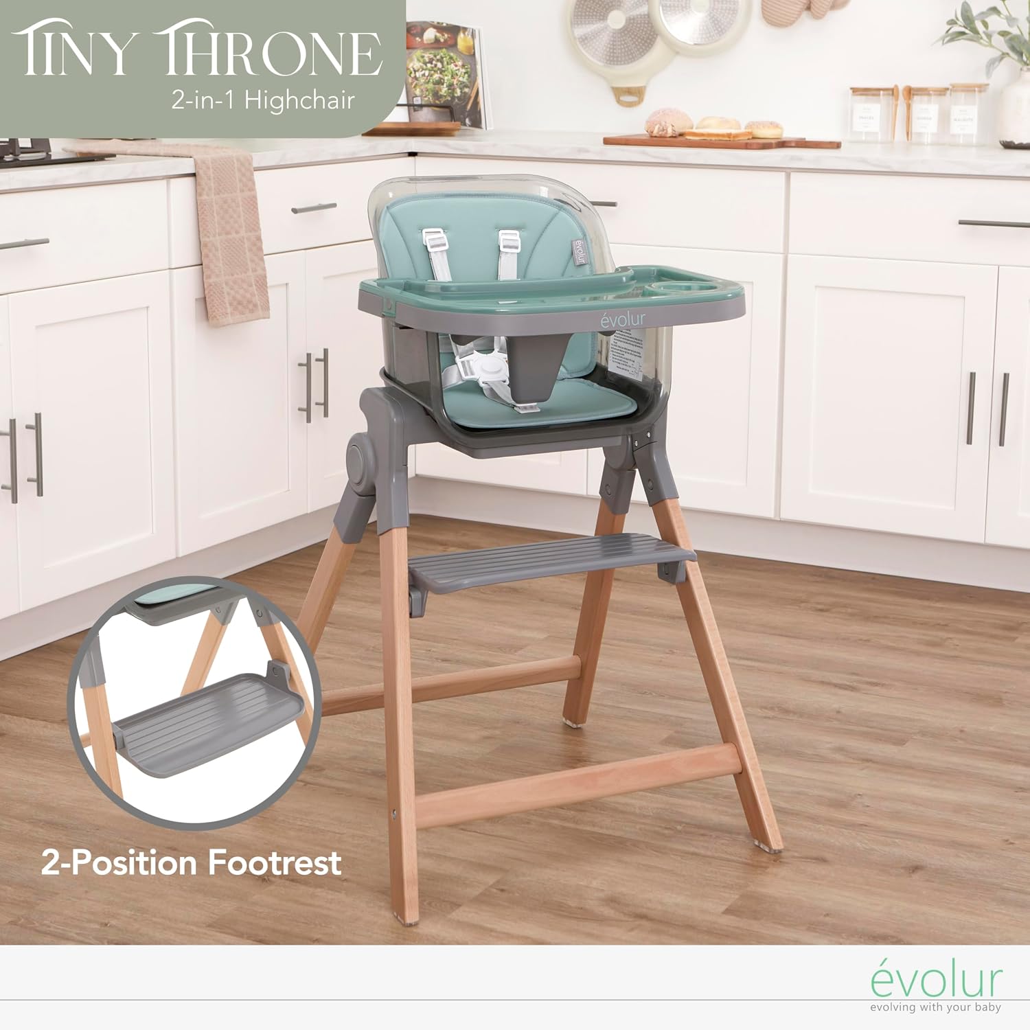 Evolur Tiny Throne 3-in-1 Convertible High Chair, Removable & Dishwasher Safe Tray, Converts to Booster Seat & Adult Stool, Easy-to-Clean Feeding Solution – Matcha Green