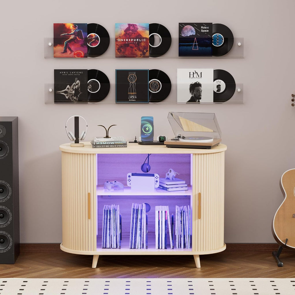 Large Record Player Stand with LED Lights, Vinyl Record Storage with Charging Station & USB Ports, Record Player Cabinet for Living Room(Natural, 55in) (Natural, 39in)