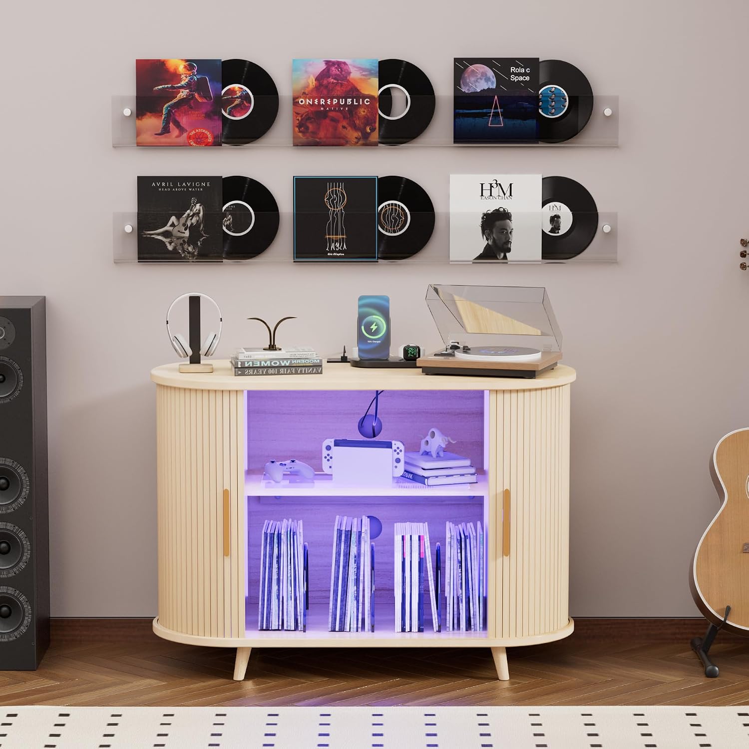 Large Record Player Stand with LED Lights, Vinyl Record Storage with Charging Station & USB Ports, Record Player Cabinet for Living Room(Natural, 55in) (Natural, 39in)