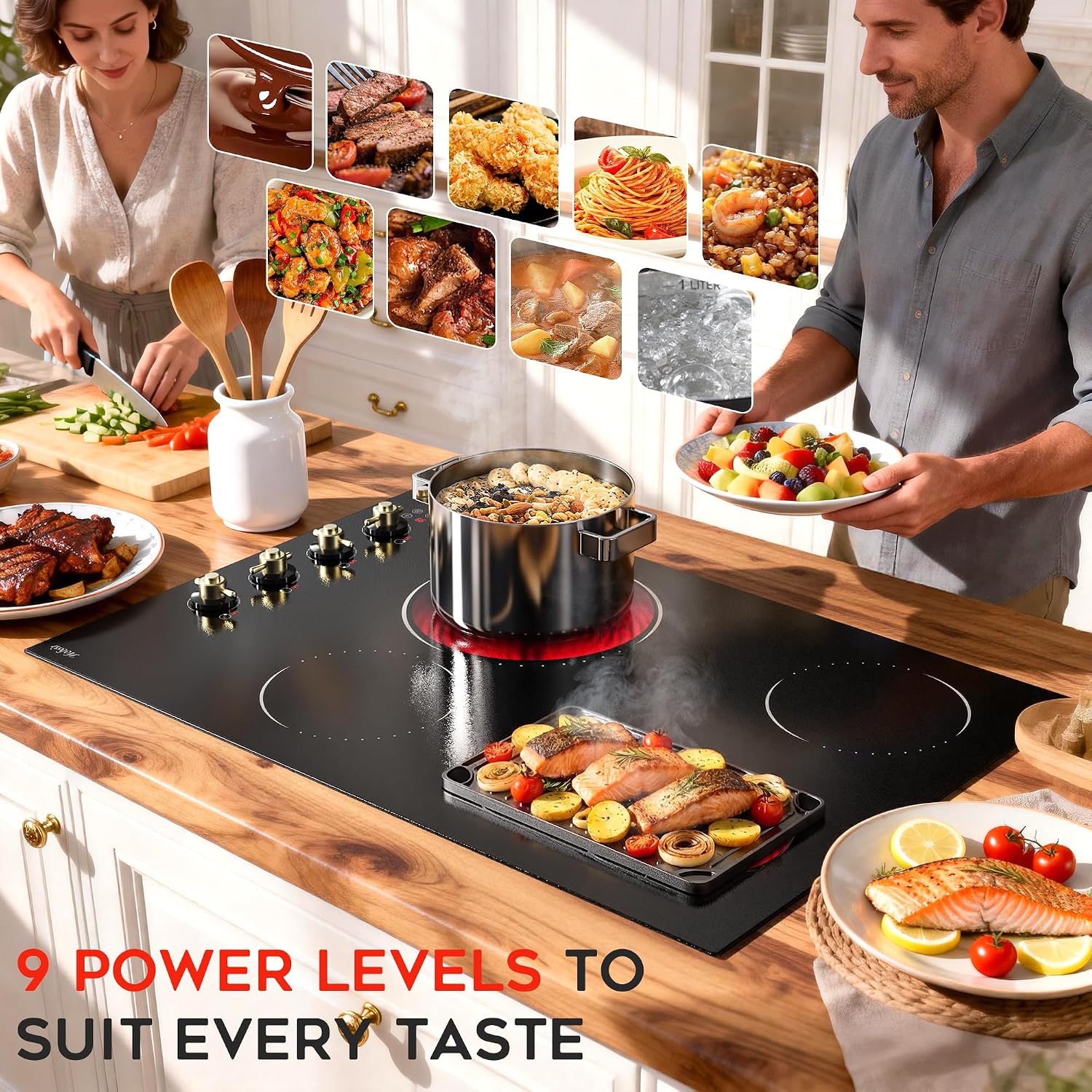 Electric Cooktop 30 Inch Hobsir, 4 Burner Electric Stove Top 6700W, Dual-Ring Burner & Oval Burner, 9 Power Level, 30 Inch Cook top with Safety Lock, Timer, Golden Knob