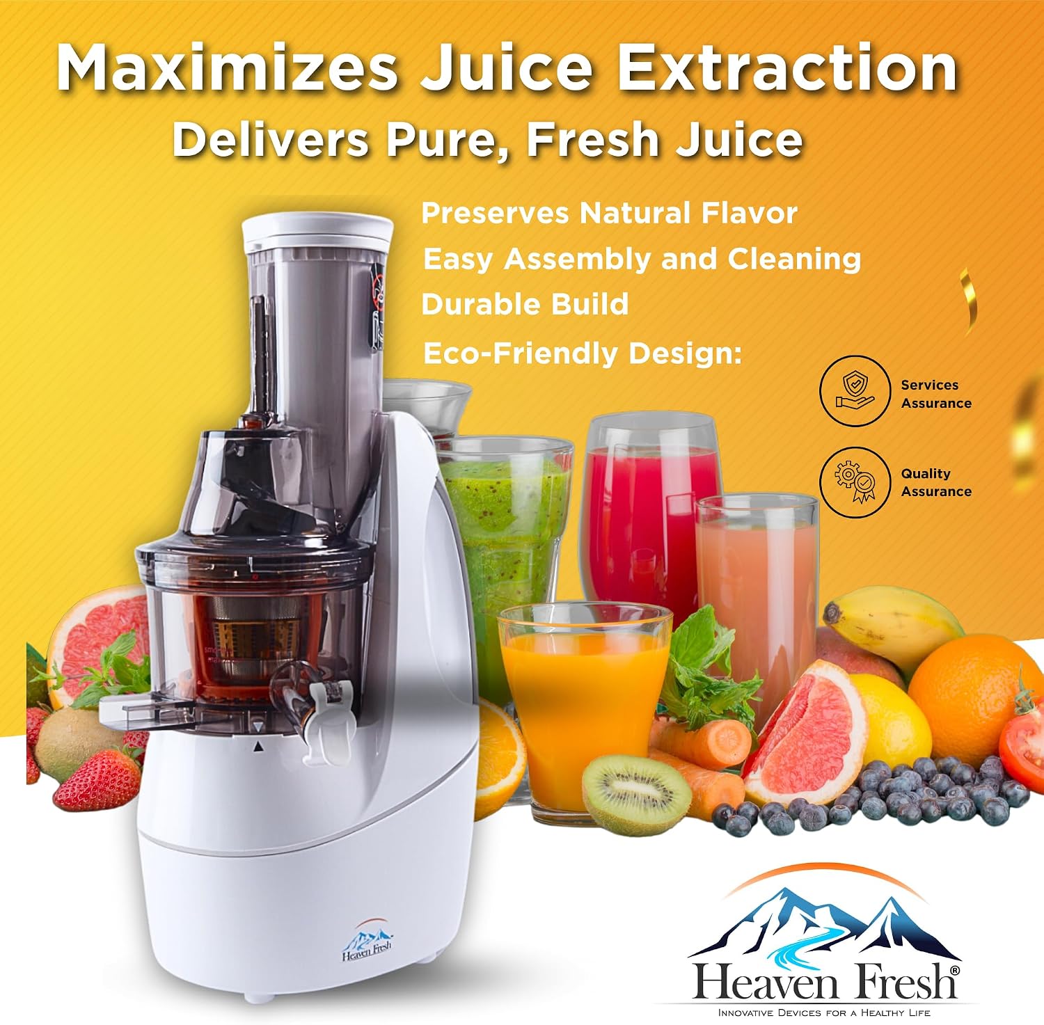 Heaven Fresh Cold Press Slow Masticating Juicer, Ultra-Quiet 240W Motor, Maximized Juice Yield, Included Frozen Dessert Strainer, Drip-Free Cap - Teal