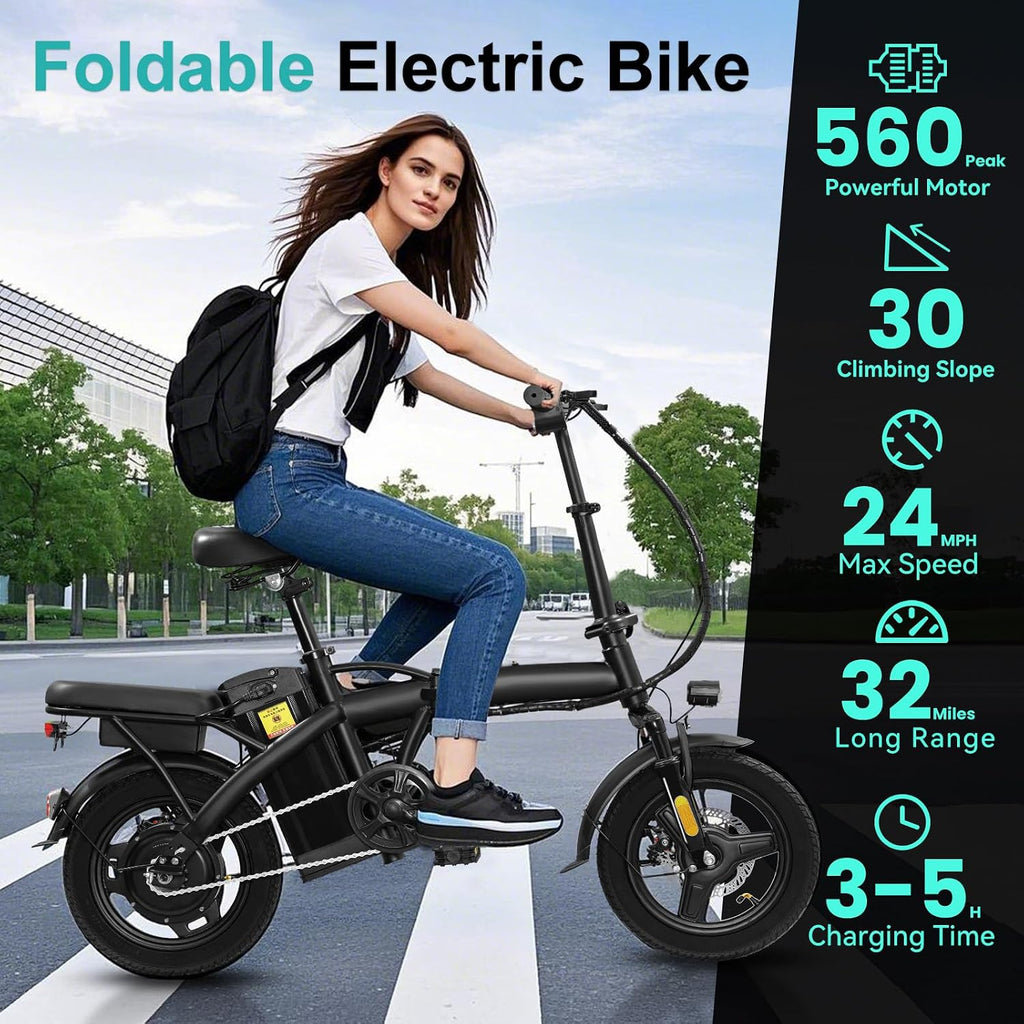Electric Bike for Adults and Teens, 560-740W Motor, 20-25MPH Compact Commuter Folding Ebike, 32 Miles Range, 48V 10Ah Battery, 3-Level Pedal Assist, 14' Foldable Electric Bicycle, UL 2849 Certified