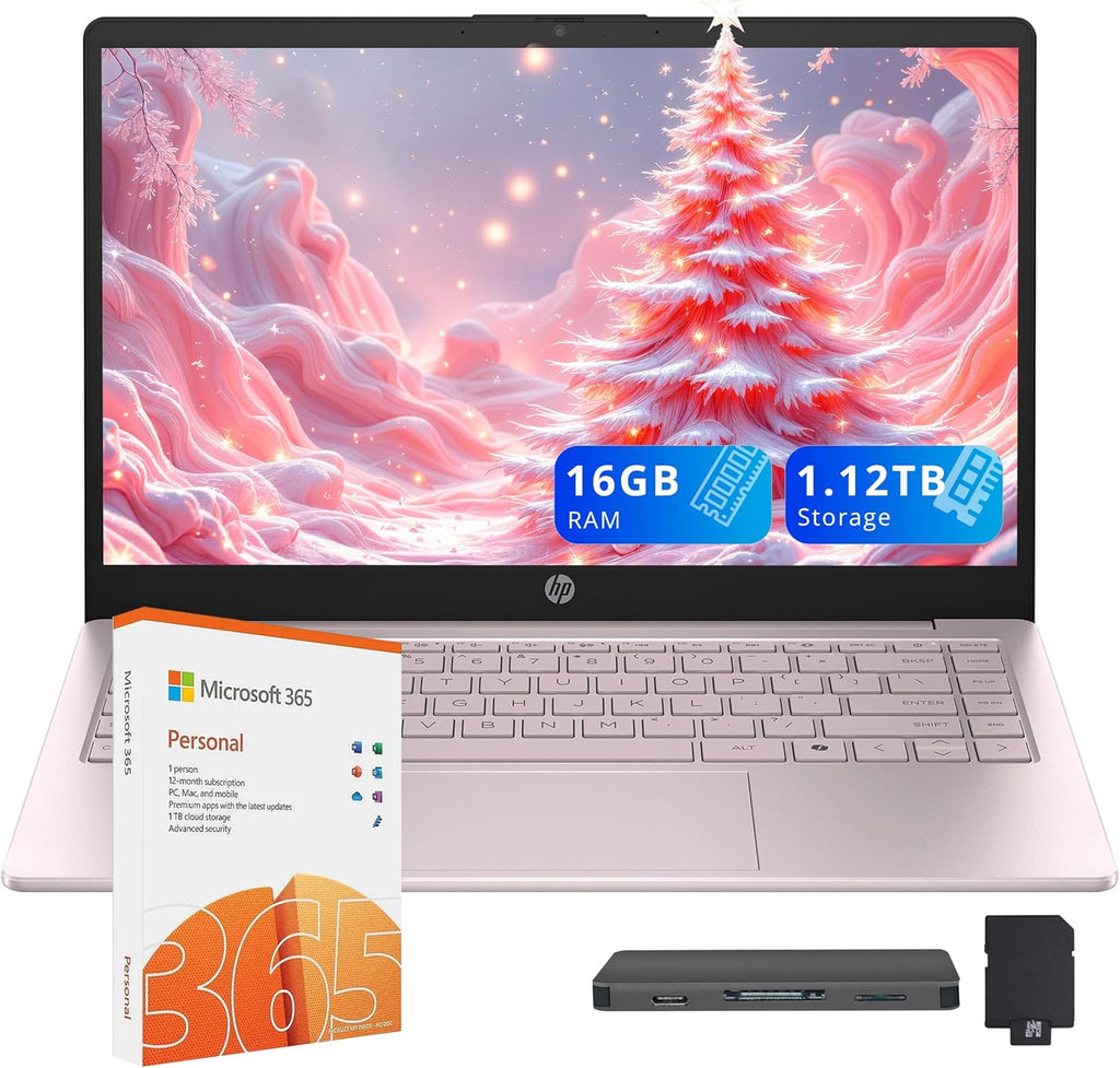 HP Stream 14' HD Laptop, Intel Processor N150, 16GB RAM, 1.12TB Storage(128GB UFS+1TB Docking Station Set), Intel Graphics, Webcam, Wi-Fi 6, 1 Year Office 365, Copilot, Fast Charge, Win 11, Pink