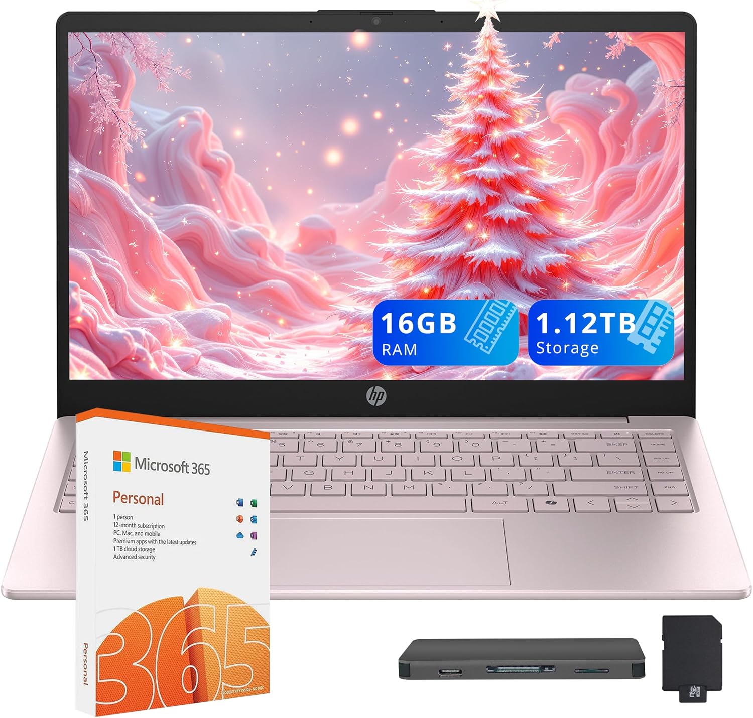 HP Stream 14' HD Laptop, Intel Processor N150, 16GB RAM, 1.12TB Storage(128GB UFS+1TB Docking Station Set), Intel Graphics, Webcam, Wi-Fi 6, 1 Year Office 365, Copilot, Fast Charge, Win 11, Pink