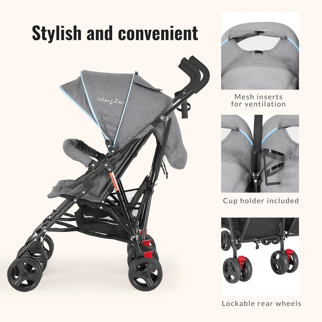 Dream On Me Volgo Twin Baby Stroller, Lightweight Side-by-Side Double Umbrella Stroller with Adjustable Canopy, 5-Point Harness, Storage Basket & Travel-Friendly Fold – Blue and Dark Grey