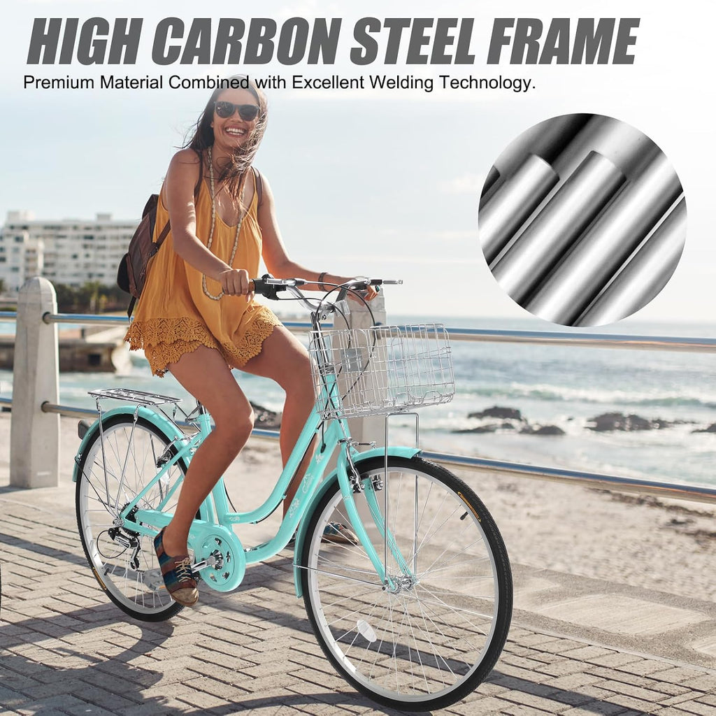 CamPingSurvivals 26' Beach Cruiser Bike, Commuter Bicycle, 7 Speed/Linear Pull Brakes/Widen Seat Men & Women Bike, Adult and Teens Bicycle for Urban Commuter