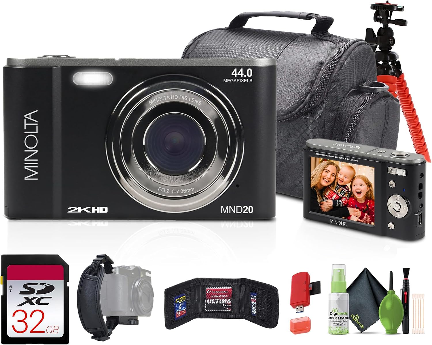 Minolta MND20 44 MP / 2.7K Quad HD Digital Camera (Black) + 32GB Memory Card + 12 inch Flexible Tripod + Memory Card Wallet + USB Card Reader, SD/microSD + More