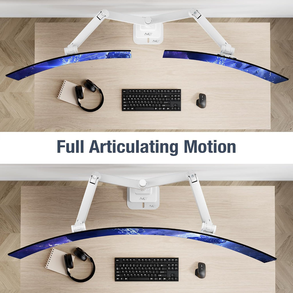 AVLT Dual 57 Inch Heavy Duty Stacking Monitor Arm Pole Top Mount with USB-C&A Ports-White, Height Adjustable, Easy Install Top C-Clamp/Grommet w/Reinforcement Plates, VESA Compatible 200/100/75