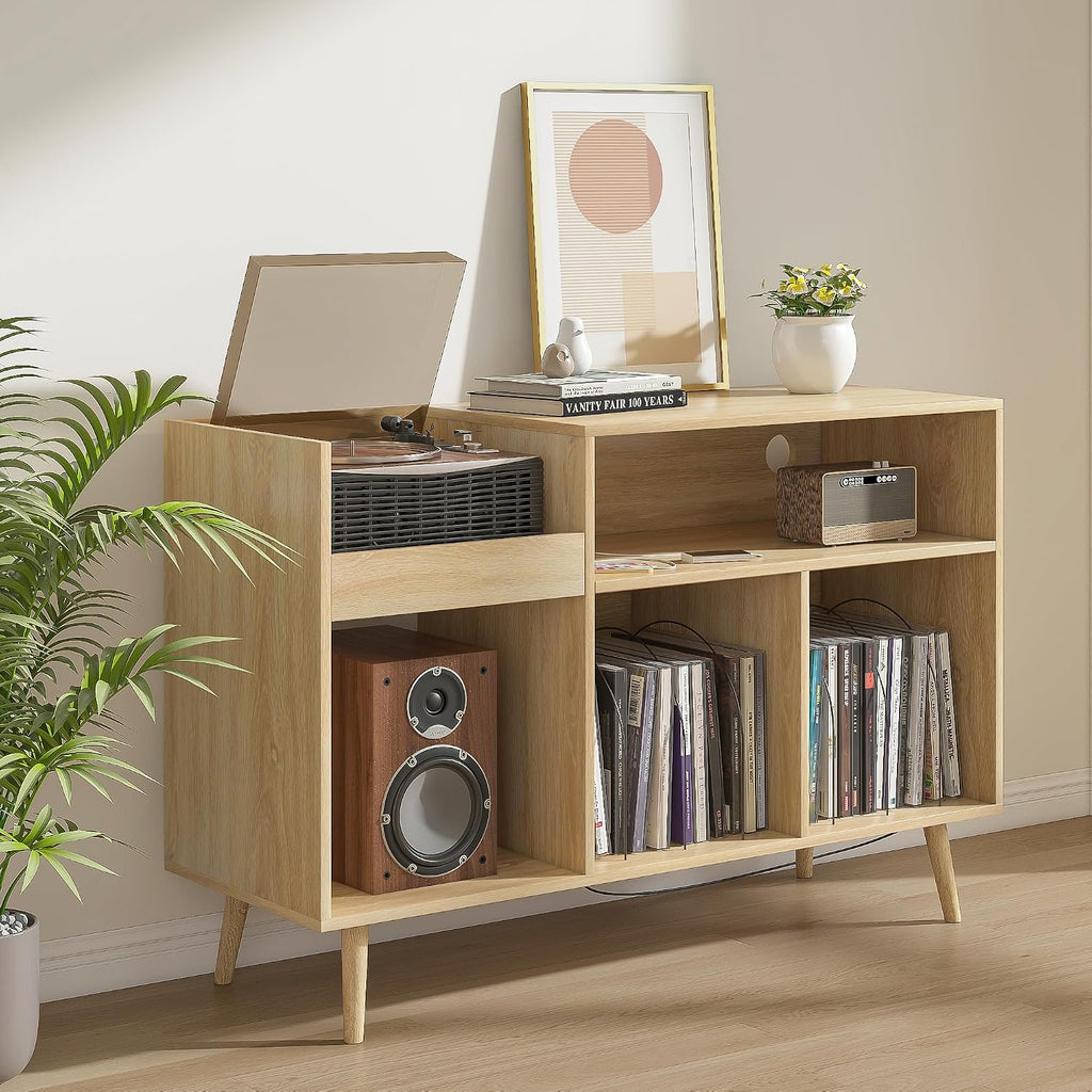 Record Player Stand with Charging Station & USB Ports, Mid-Century Turntable Stand Table Holds Up to 300 Albums, Vinyl Record Storage Cabinet with Wood Legs for Living Room Office (Wood)