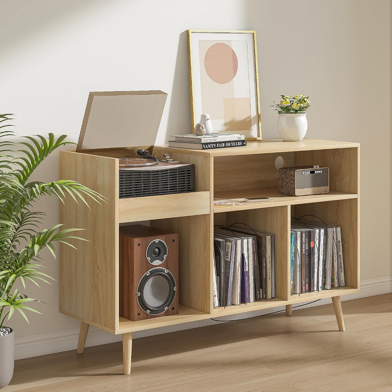 Record Player Stand with Charging Station & USB Ports, Mid-Century Turntable Stand Table Holds Up to 300 Albums, Vinyl Record Storage Cabinet with Wood Legs for Living Room Office (Wood)
