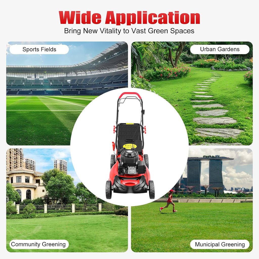 20-inch Gas self-propelled Mower, 140cc Gas Push Mower, 4-Stroke Single-Cylinder Engine, 8 Adjustable Heights, with Bagger.