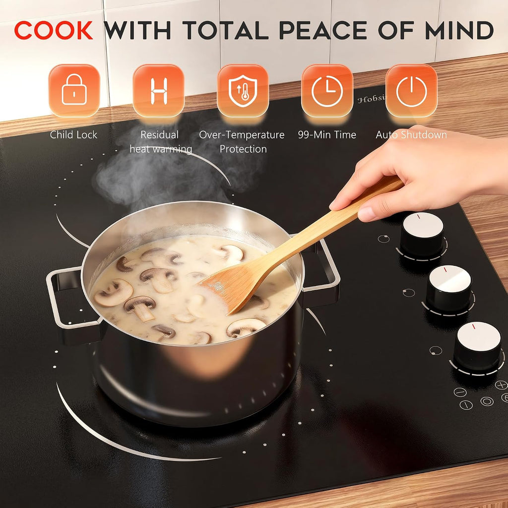 Electric Cooktop 30 Inch Hobsir, 4 Burner Electric Stove Top 6700W, Dual-Ring Burner & Oval Burner, 9 Power Level, 30 Inch Cook top with Safety Lock, Timer, White Knob