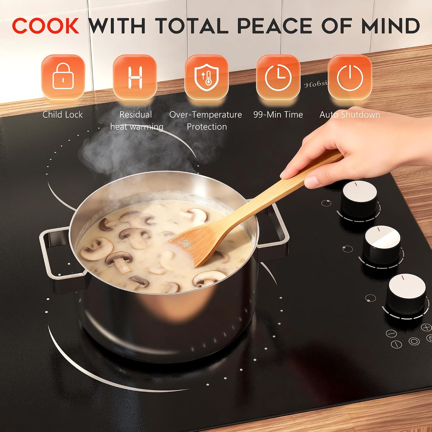 Electric Cooktop 30 Inch Hobsir, 4 Burner Electric Stove Top 6700W, Dual-Ring Burner & Oval Burner, 9 Power Level, 30 Inch Cook top with Safety Lock, Timer, White Knob