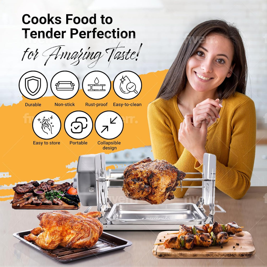ROTO-Q 360 Cordless Universal Rotisserie Kit for Grills Ovens and Smokers - Non-Electric Wind-up Spit Roaster, Gas or Charcoal BBQ - Indoor/Outdoor (Stainless Steel)
