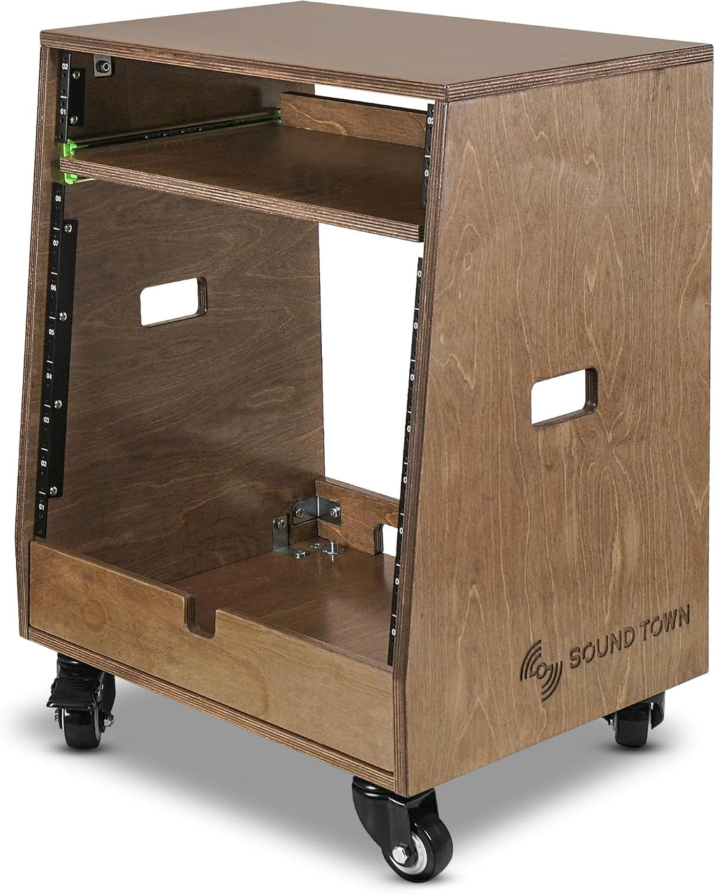 Sound Town DIY Slanted 10U Studio Rack (2U Top + 8U Lower), with 2U Bottom Storage, Slide-Out Tray, Caster, Plywood, Weathered Brown for Recording Room, Home Studio (SDRK-ST10TB)