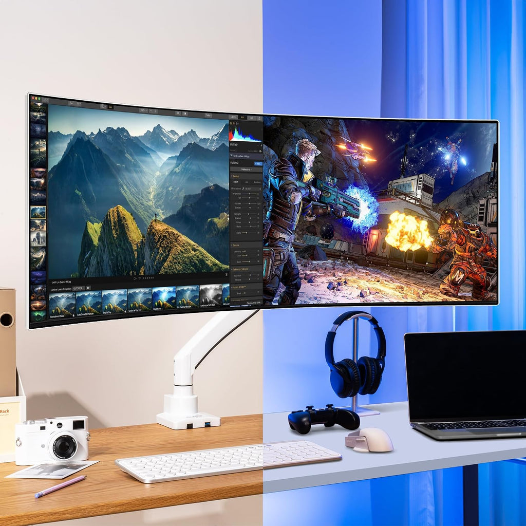 AVLT Single 17'-57' Super Ultrawide Monitor Arm for Screens Up to 59.5 lbs, Premium Aluminum Desk Stand, Adjustable Pneumatic Height, Full Motion Swivel Tilt Rotation, USB-C&A Ports, White