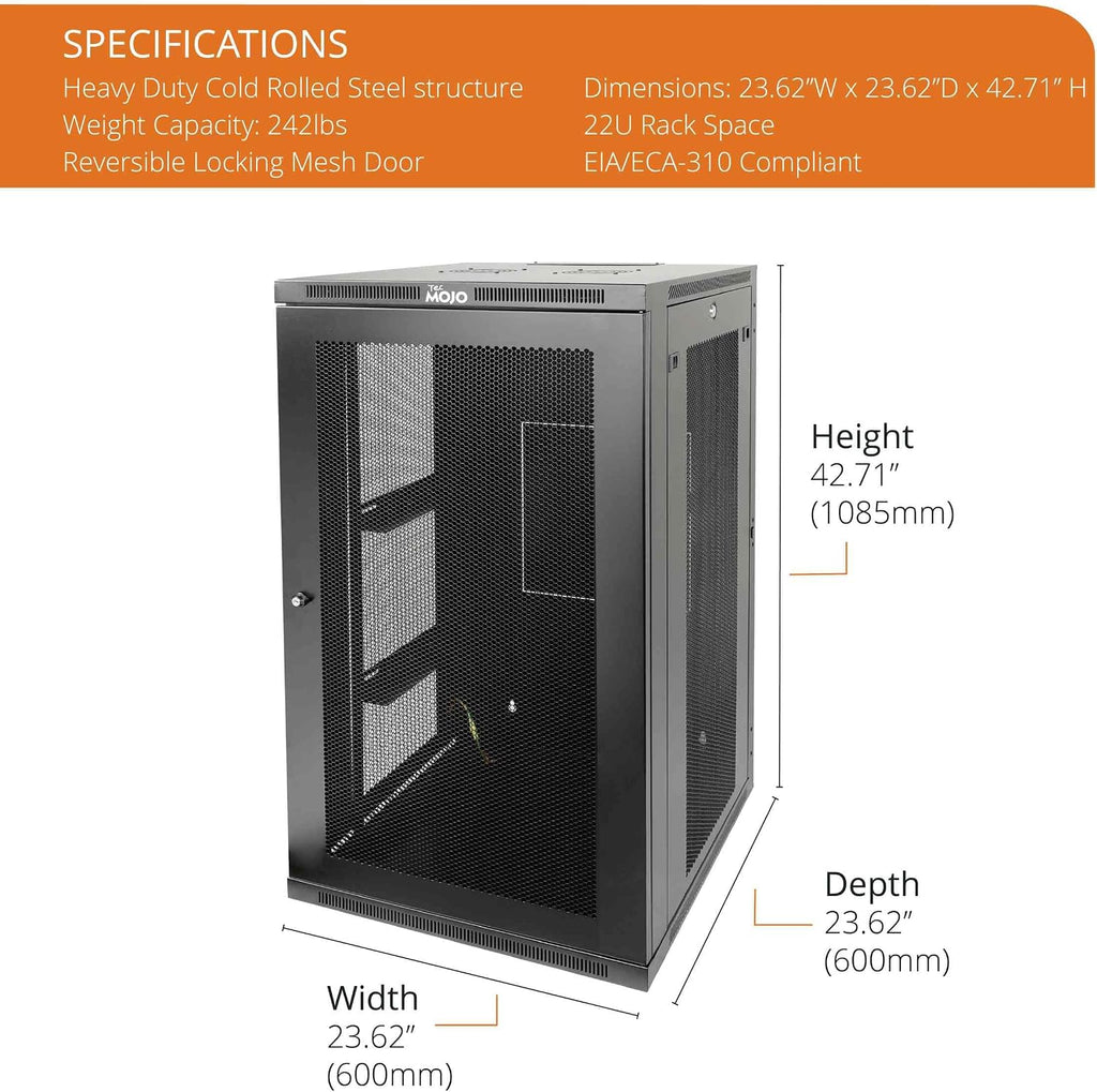 Tecmojo 22U Wall Mount Rack,22U Rack 23.6 Inch Depth,Hold Up to 176 Lbs,Enclosed Wall Mount Rack Kit for 19 Inch Network,Server and AV Gear,Mesh Door(Elite Collection)